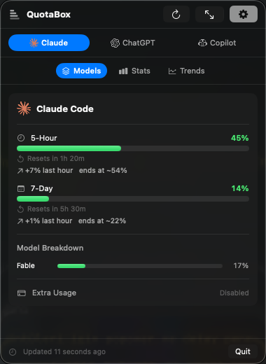 QuotaBox popover showing Claude Code 5-hour and 7-day usage with reset countdowns and projections