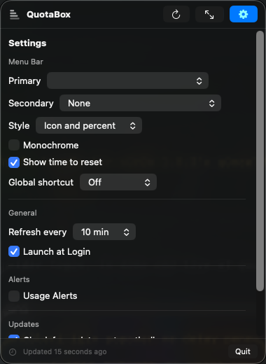 QuotaBox settings: badge metric, style, shortcut, refresh interval, alerts